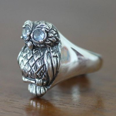 Alternate image for Artisan Crafted Sterling Silver and Blue Topaz Ring Java Owl