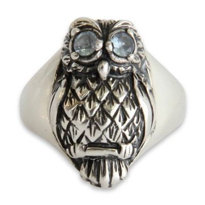 Alternate image for Artisan Crafted Sterling Silver and Blue Topaz Ring Java Owl