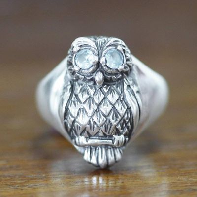 Alternate image for Artisan Crafted Sterling Silver and Blue Topaz Ring Java Owl