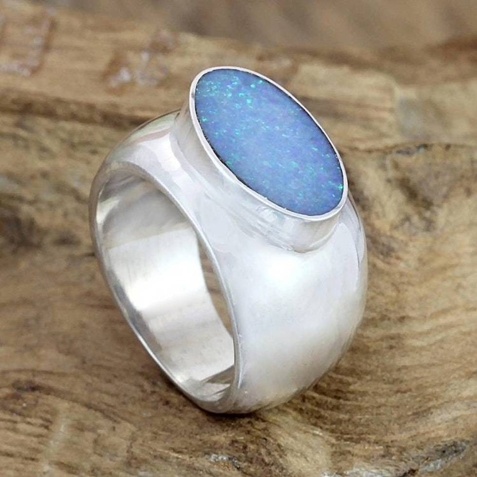 Modern Opal and Silver Ring 'Lagoon Wonder'