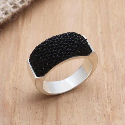 Alternate image for Silver-Plated and Black Mesh Band Ring Dark and Light