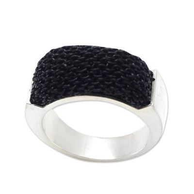 Alternate image for Silver-Plated and Black Mesh Band Ring Dark and Light