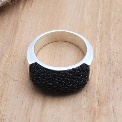 Alternate image for Silver-Plated and Black Mesh Band Ring Dark and Light