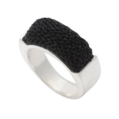 Alternate image for Silver-Plated and Black Mesh Band Ring Dark and Light
