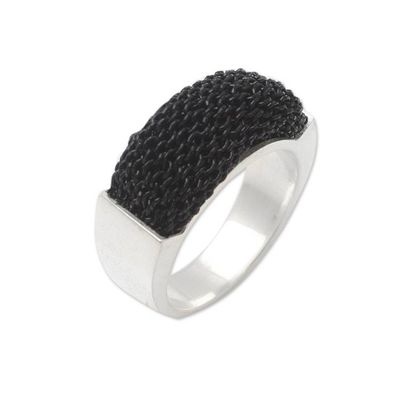 Alternate image for Silver-Plated and Black Mesh Band Ring Dark and Light