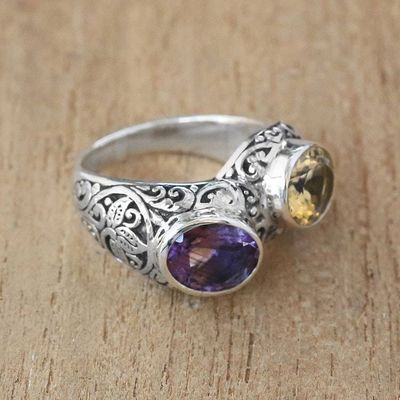 Alternate image for Amethyst and Citrine Cocktail Ring Crafted in Bali Sacred Wood