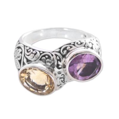 Alternate image for Amethyst and Citrine Cocktail Ring Crafted in Bali Sacred Wood