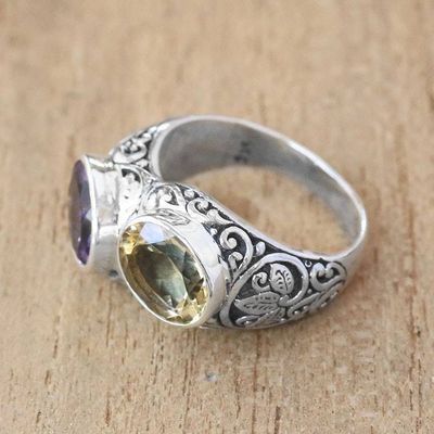 Alternate image for Amethyst and Citrine Cocktail Ring Crafted in Bali Sacred Wood