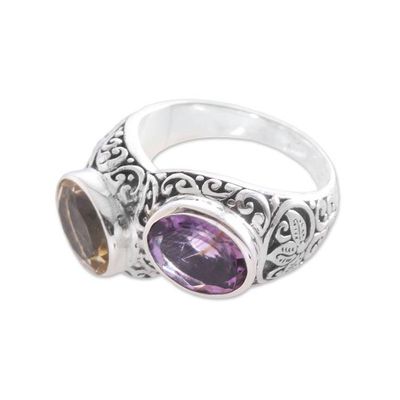 Alternate image for Amethyst and Citrine Cocktail Ring Crafted in Bali Sacred Wood