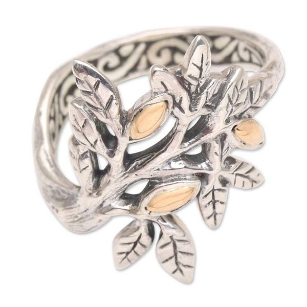 Alternate image for Gold-Accented Cocktail Ring with Leaf Motif Tropical Winter