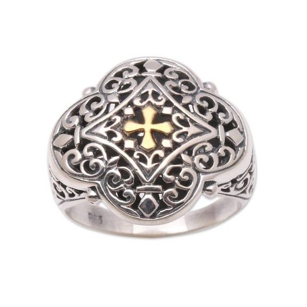 Alternate image for Cross-Themed Gold Accented Sterling Silver Signet Ring Jagaraga Prince