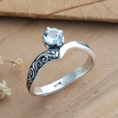 Primary image for Blue Topaz Silver Solitaire Ring with Darkened Accents Queen Crown