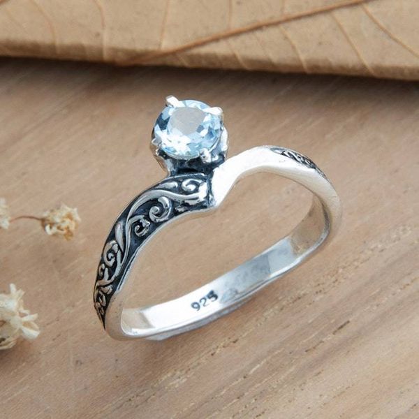 Alternate image for Blue Topaz Silver Solitaire Ring with Darkened Accents Queen Crown
