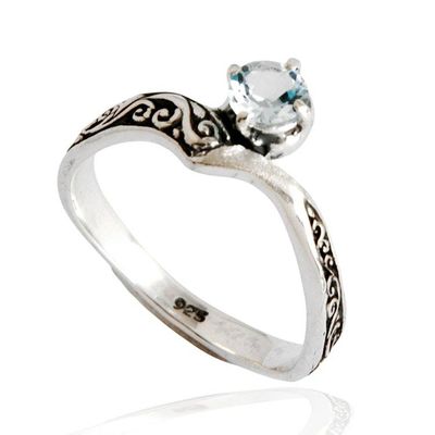 Alternate image for Blue Topaz Silver Solitaire Ring with Darkened Accents Queen Crown