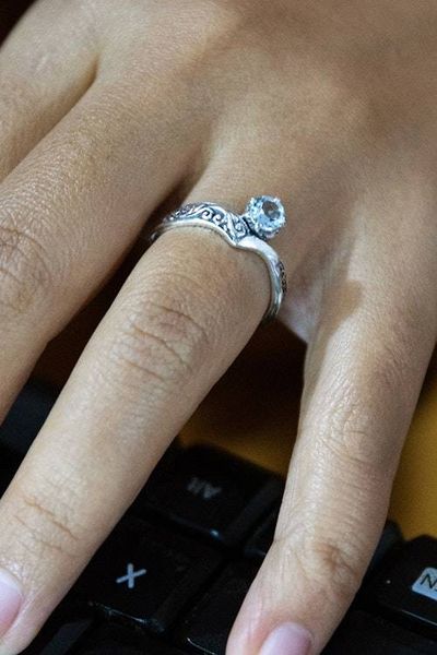 Alternate image for Blue Topaz Silver Solitaire Ring with Darkened Accents Queen Crown