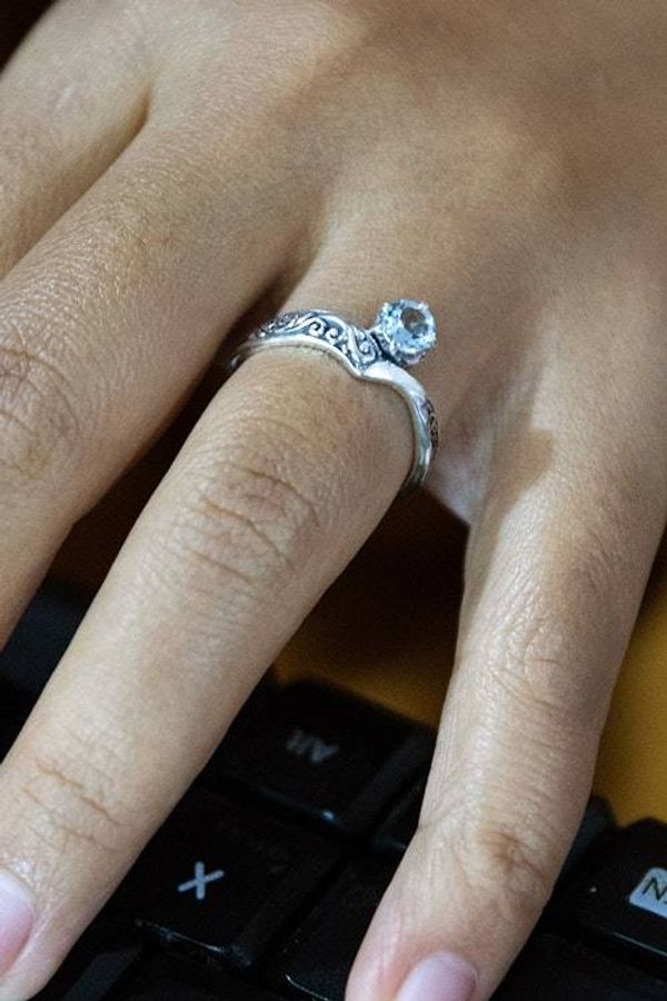 Alternate image for Blue Topaz Silver Solitaire Ring with Darkened Accents Queen Crown