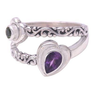 Alternate image for Amethyst Peridot and Sterling Silver Cocktail Ring Heart Layers