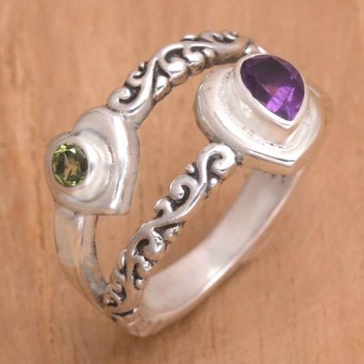 Alternate image for Amethyst Peridot and Sterling Silver Cocktail Ring Heart Layers
