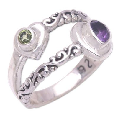 Alternate image for Amethyst Peridot and Sterling Silver Cocktail Ring Heart Layers