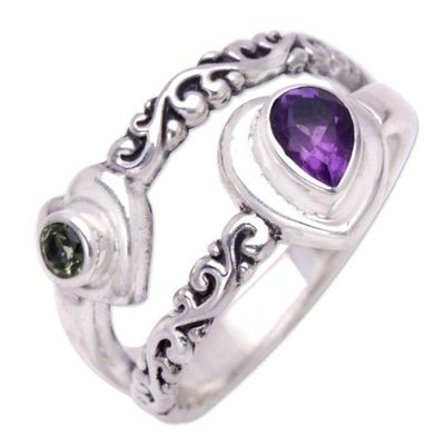 Alternate image for Amethyst Peridot and Sterling Silver Cocktail Ring Heart Layers