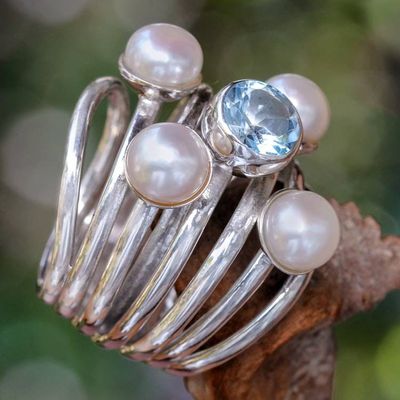 Primary image for Pearl and Blue Topaz Cocktail Ring Heavens Above