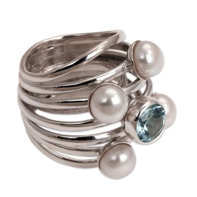 Alternate image for Pearl and Blue Topaz Cocktail Ring Heavens Above