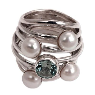 Alternate image for Pearl and Blue Topaz Cocktail Ring Heavens Above