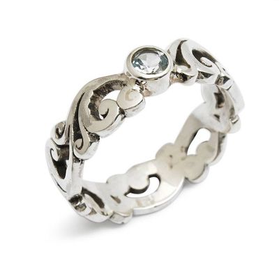 Alternate image for Blue Topaz Silver Single Stone Ring with Leaf Designs Bloomsday
