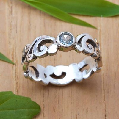 Alternate image for Blue Topaz Silver Single Stone Ring with Leaf Designs Bloomsday