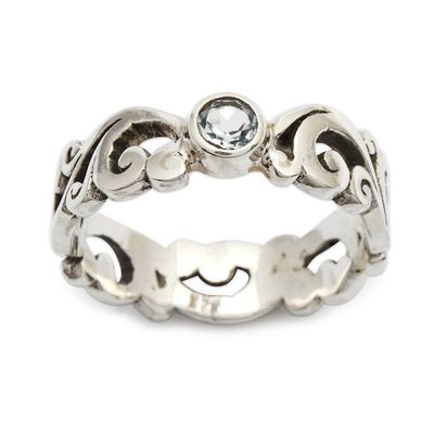 Alternate image for Blue Topaz Silver Single Stone Ring with Leaf Designs Bloomsday
