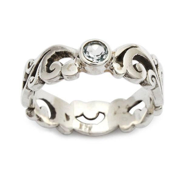 Alternate image for Blue Topaz Silver Single Stone Ring with Leaf Designs Bloomsday