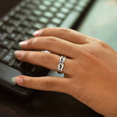 Alternate image for Blue Topaz Silver Single Stone Ring with Leaf Designs Bloomsday