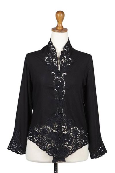 Alternate image for Embroidered Rayon Kebaya Blouse in Onyx from Bali Onyx Bidadari