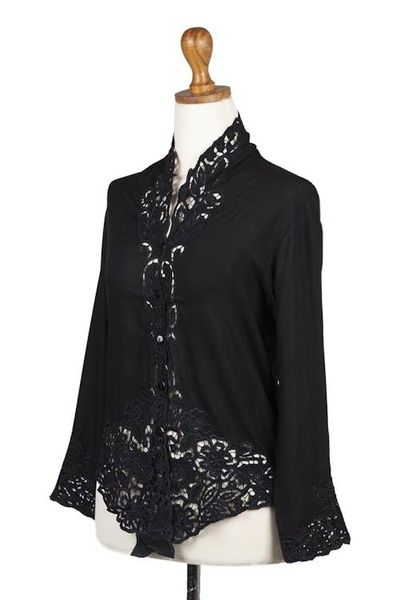Alternate image for Embroidered Rayon Kebaya Blouse in Onyx from Bali Onyx Bidadari