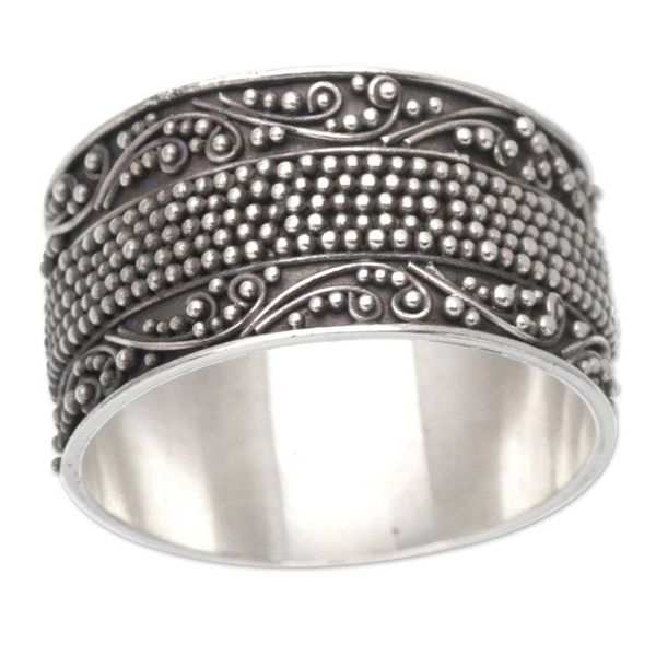 Alternate image for Sterling Silver Band Ring with Traditional Balinese Motifs Glamorous Storm