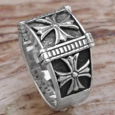 Alternate image for Indonesian Mens Sterling Silver Engraved Handmade Ring Stallion Cross