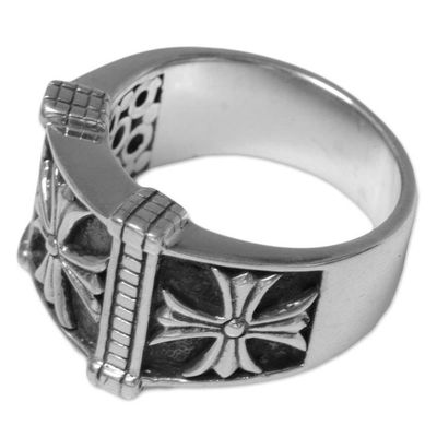 Alternate image for Indonesian Mens Sterling Silver Engraved Handmade Ring Stallion Cross