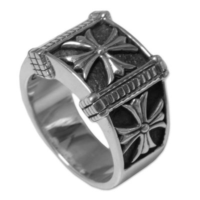 Alternate image for Indonesian Mens Sterling Silver Engraved Handmade Ring Stallion Cross