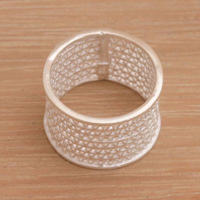 Alternate image for Indonesian Artisan Crafted Wide Sterling Silver Band Ring Javanese Passage