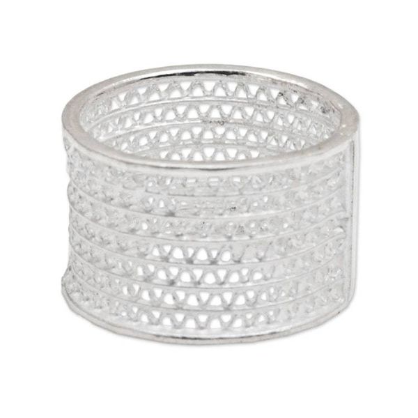 Alternate image for Indonesian Artisan Crafted Wide Sterling Silver Band Ring Javanese Passage