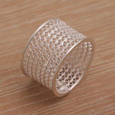 Alternate image for Indonesian Artisan Crafted Wide Sterling Silver Band Ring Javanese Passage