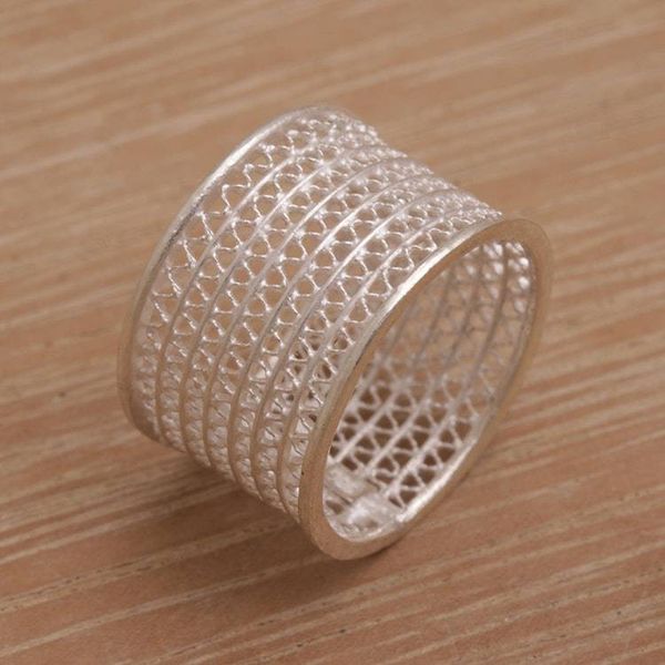 Alternate image for Indonesian Artisan Crafted Wide Sterling Silver Band Ring Javanese Passage