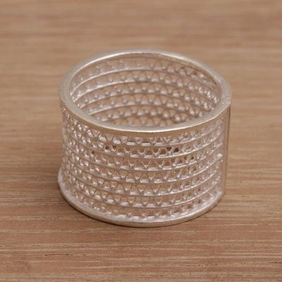 Alternate image for Indonesian Artisan Crafted Wide Sterling Silver Band Ring Javanese Passage