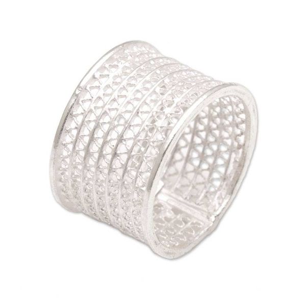 Alternate image for Indonesian Artisan Crafted Wide Sterling Silver Band Ring Javanese Passage