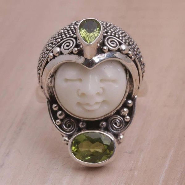 Alternate image for Peridot and 925 Silver Face Shaped Cocktail Ring from Bali Moonlight Prince