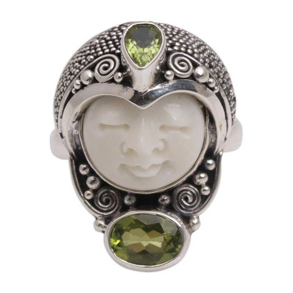 Alternate image for Peridot and 925 Silver Face Shaped Cocktail Ring from Bali Moonlight Prince