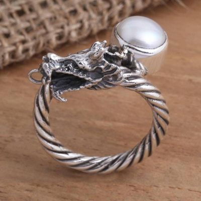 Primary image for Sterling Silver and Cultured Pearl Serpent Ring Naga Basuki