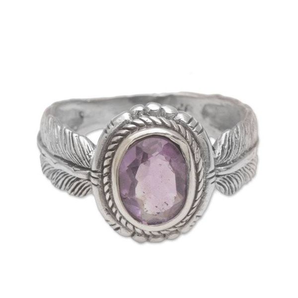 Alternate image for Handmade 925 Sterling Silver Amethyst Cocktail Ring Band of Feathers