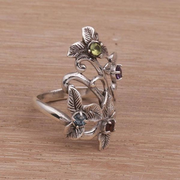 Alternate image for Balinese Multi-Gemstone Sterling Silver Floral Cocktail Ring Kembang Setaman
