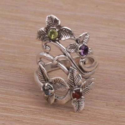 Alternate image for Balinese Multi-Gemstone Sterling Silver Floral Cocktail Ring Kembang Setaman